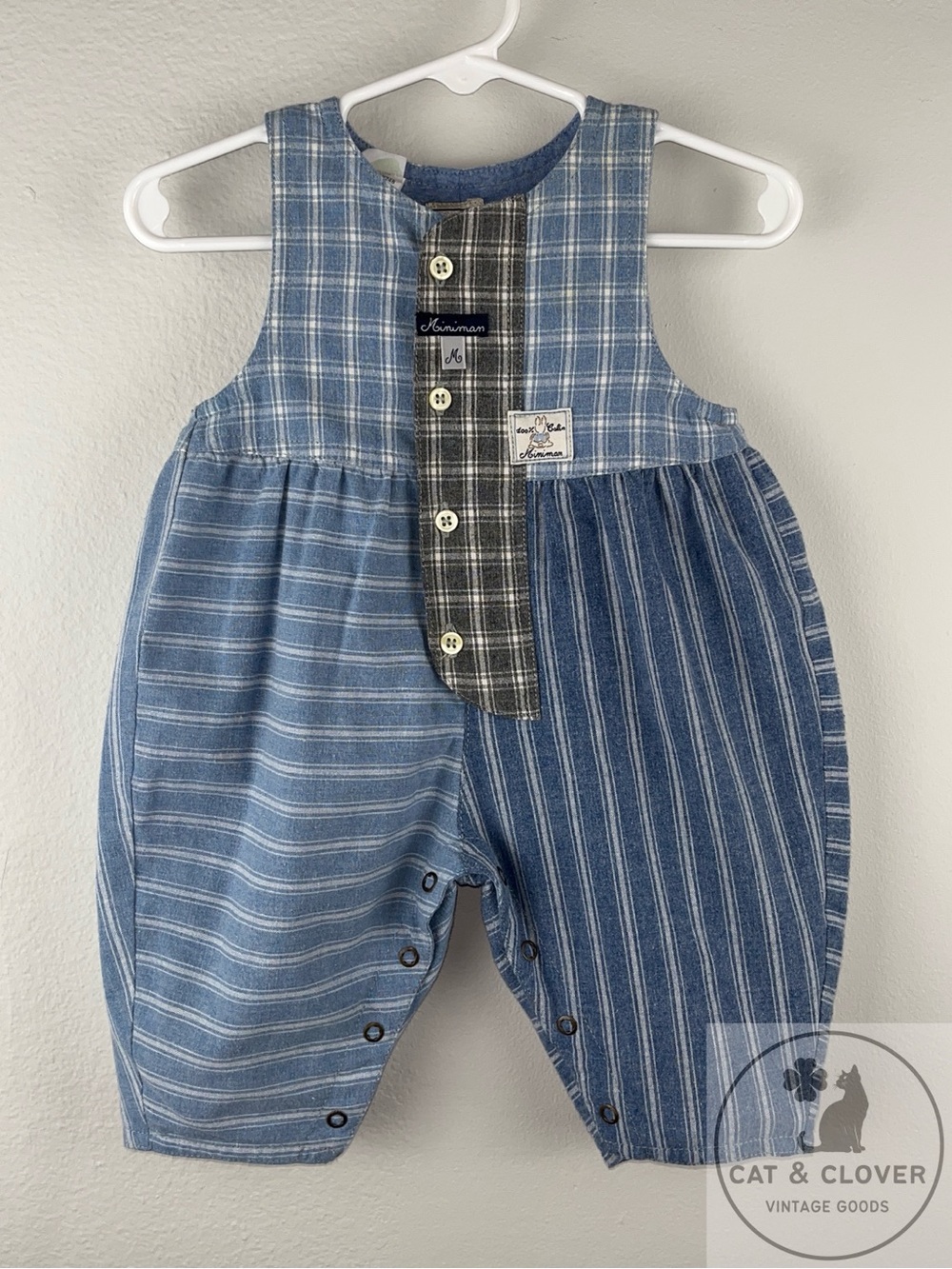 Miniman (3M) French 1990s Baby Blue White Plaid Striped Vintage Romper